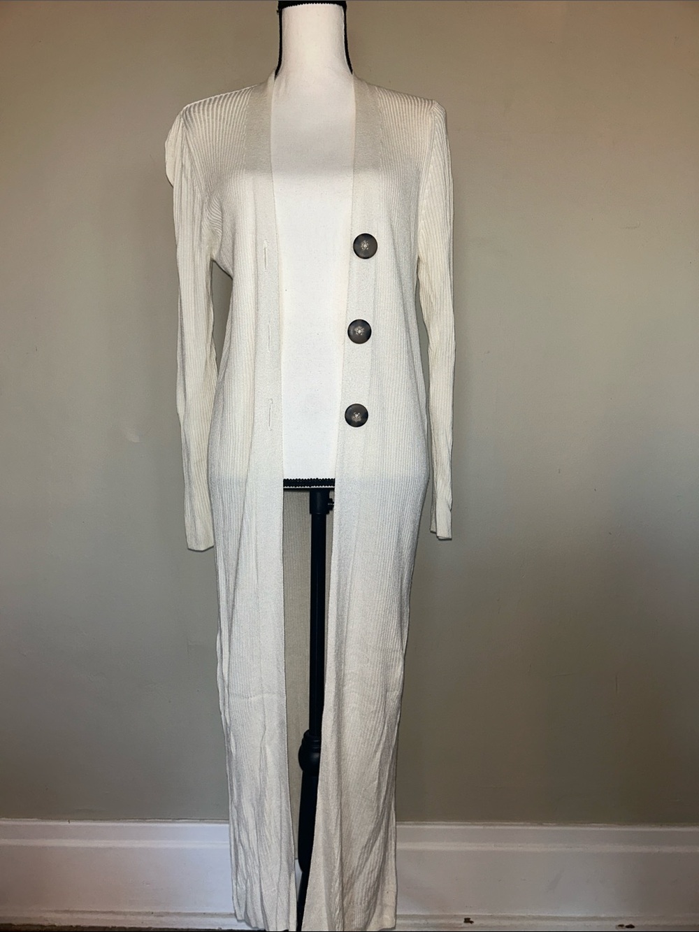 Womens Long Cream Button-Front Cardigan Sweater
